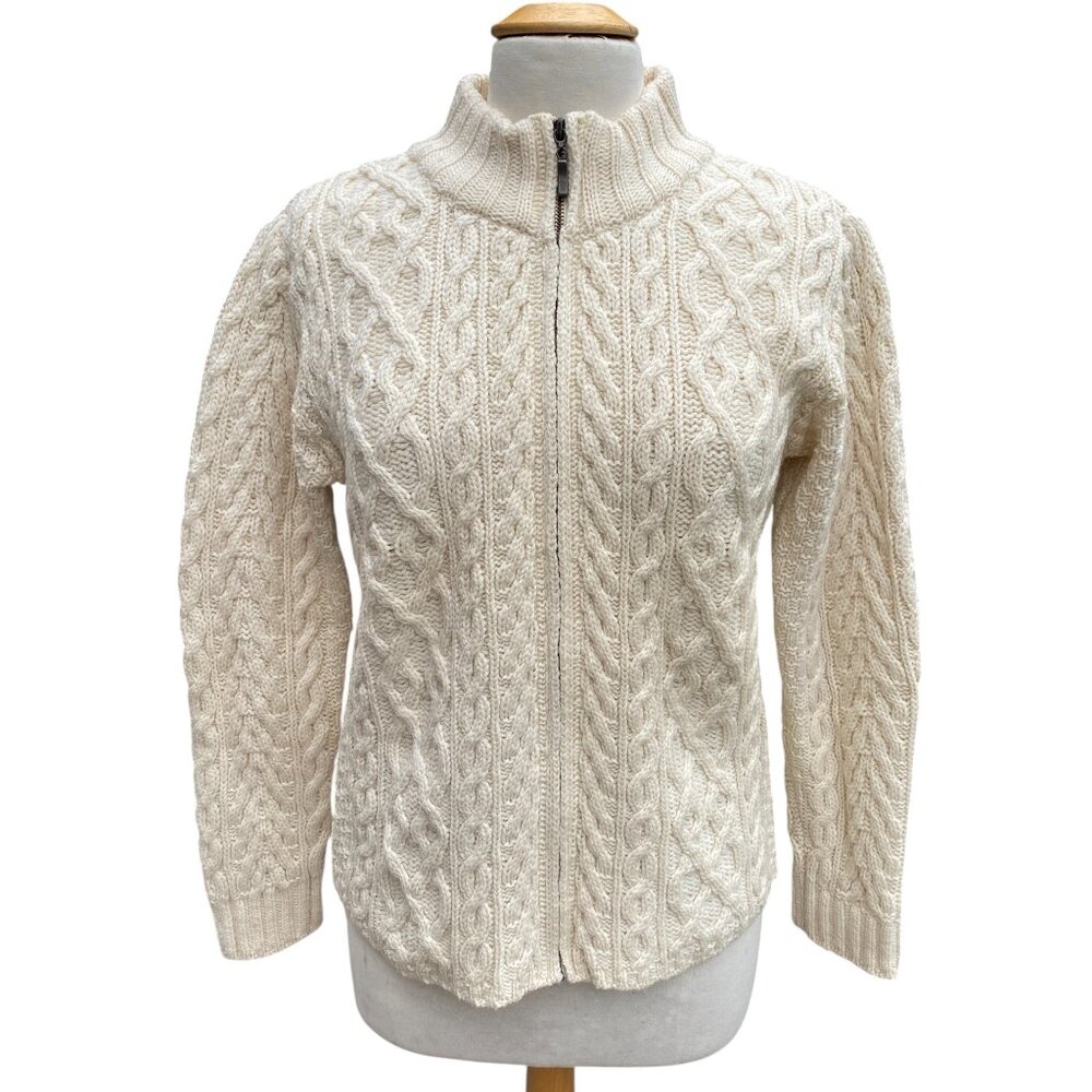 Inis Crafts Ireland 100% Wool Cable Knit Fisherman Zip Cardigan Sz M Coastal Sea